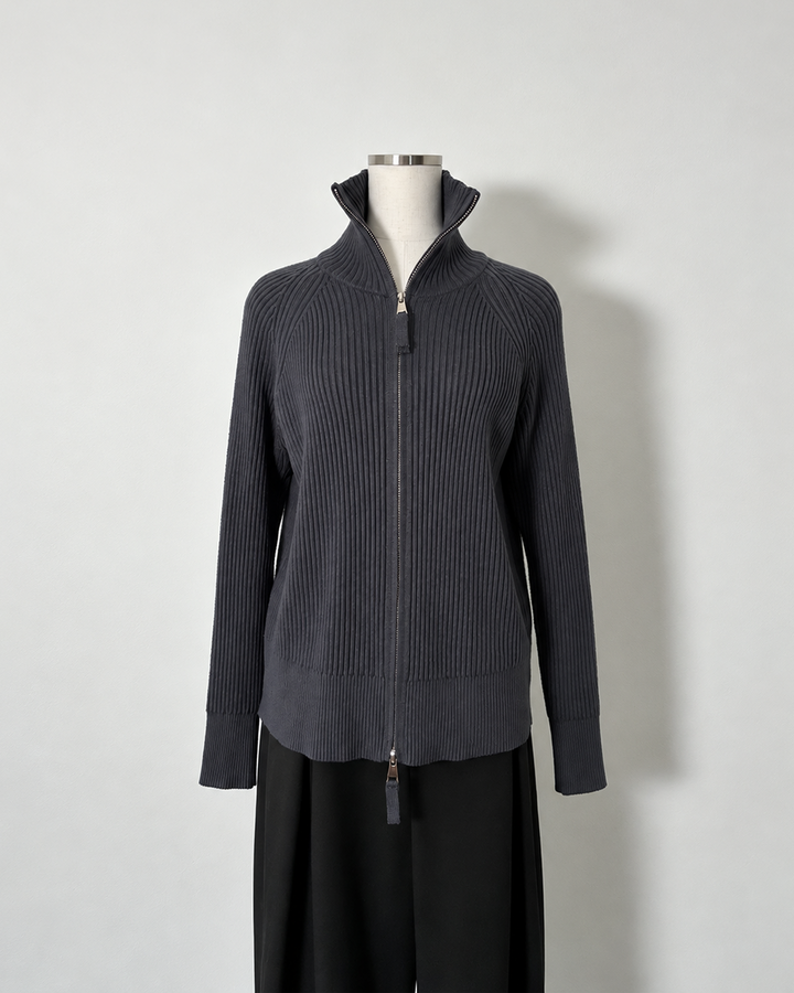ジップアップリブニット