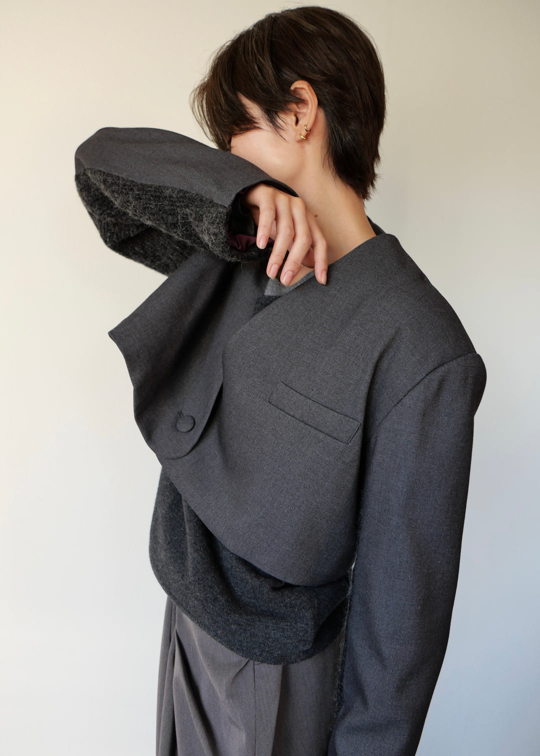 フードマフラー付きショートジャケット-GREY-