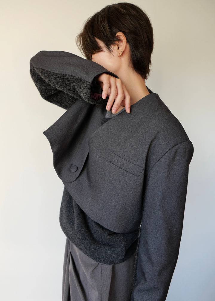 フードマフラー付きショートジャケット-GREY-