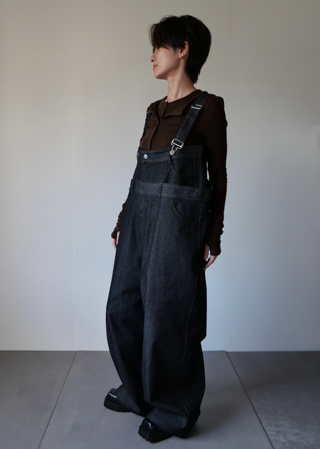 レイヤードワイドデニムサロペット-BLACK-