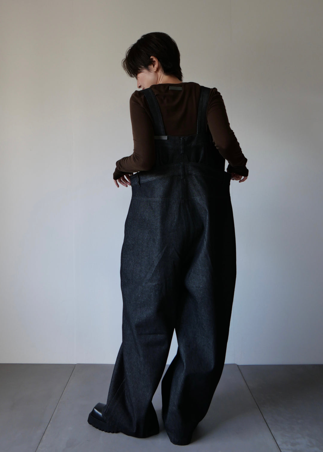 レイヤードワイドデニムサロペット-BLACK-