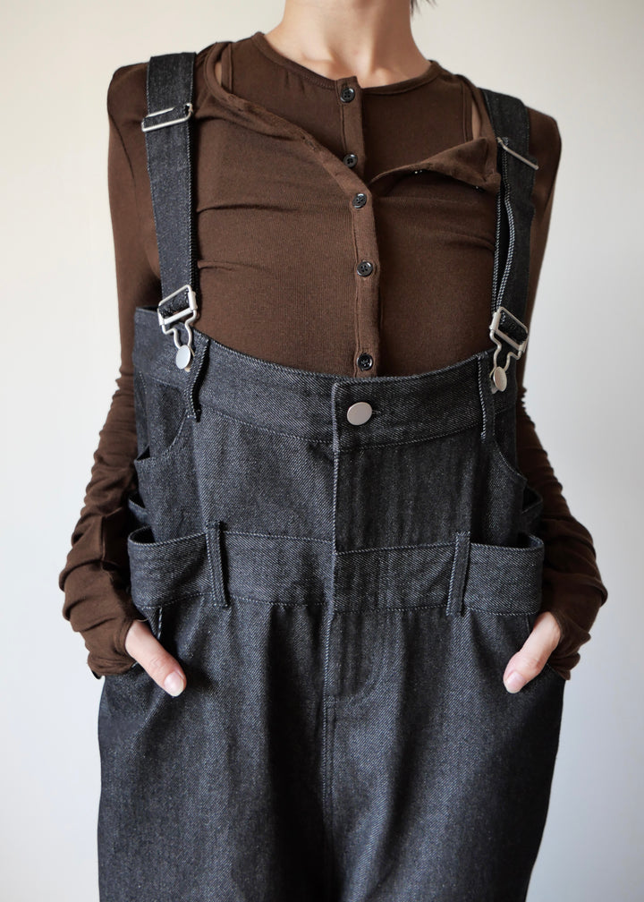 レイヤードワイドデニムサロペット-BLACK-