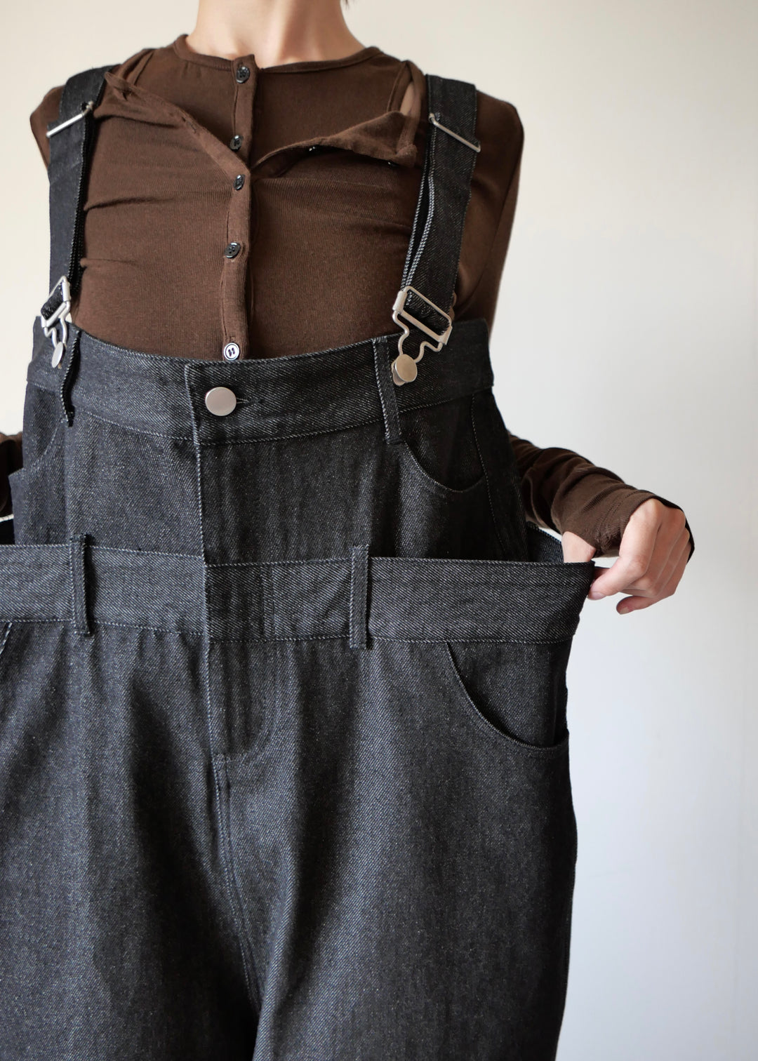 レイヤードワイドデニムサロペット-BLACK-