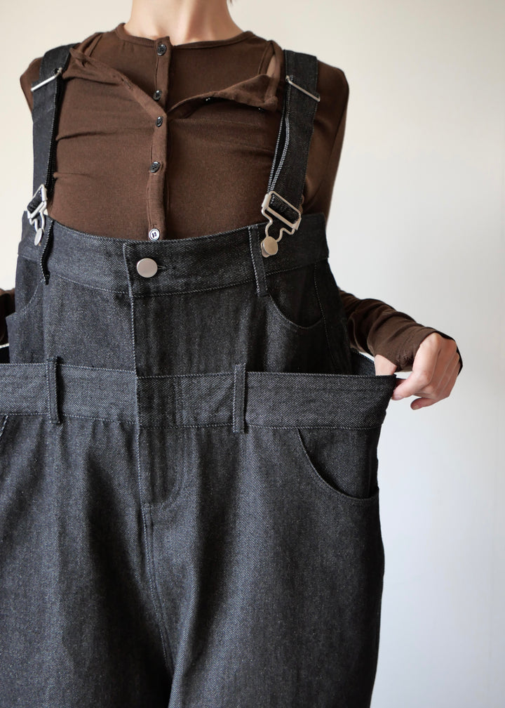 レイヤードワイドデニムサロペット-BLACK-