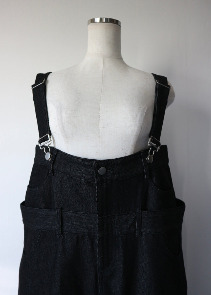 レイヤードワイドデニムサロペット-BLACK-
