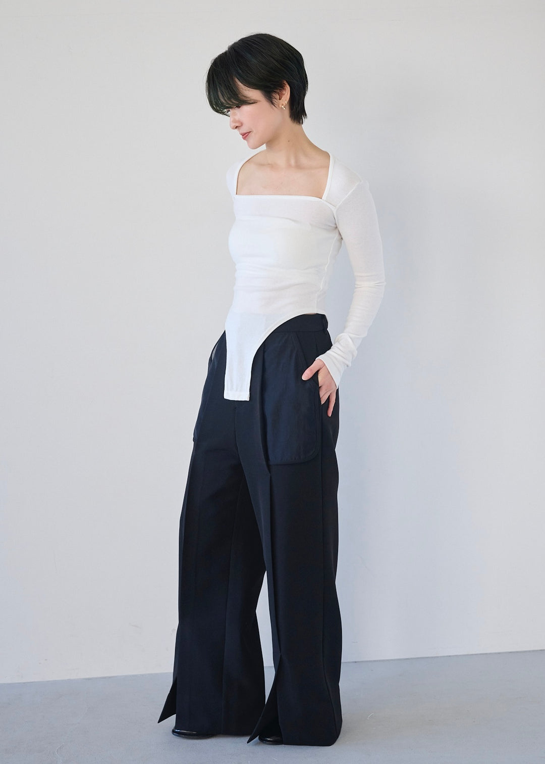 シアーコンビスリットパンツ_BLACK